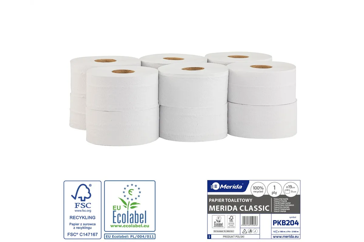 Papier toaletowy MERIDA CLASSIC, biały, średnica 19 cm, długość 180 m, jednowarstwowy, zgrzewka 12 szt., ECOLABEL Merida PKB204