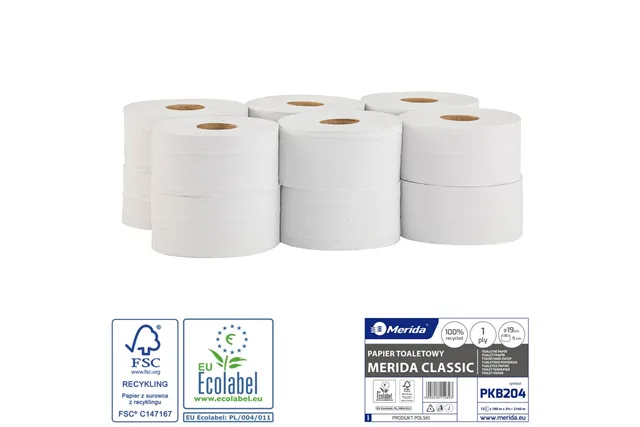 Papier toaletowy MERIDA CLASSIC, biały, średnica 19 cm, długość 180 m, jednowarstwowy, zgrzewka 12 szt., ECOLABEL Merida PKB204