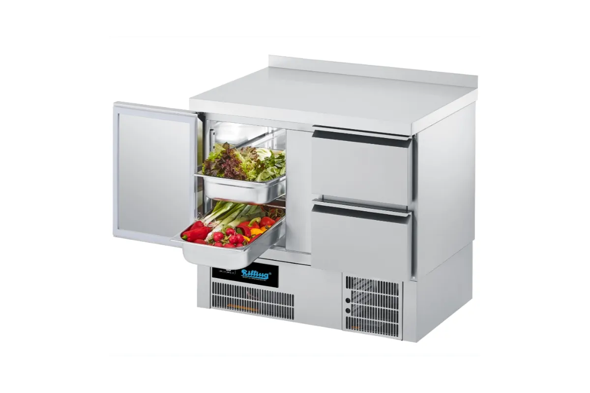 Stół chłodniczy GN 1/1  z własnym chłodzeniem z blatem z rantem tylnym AKT T0795 2CEV