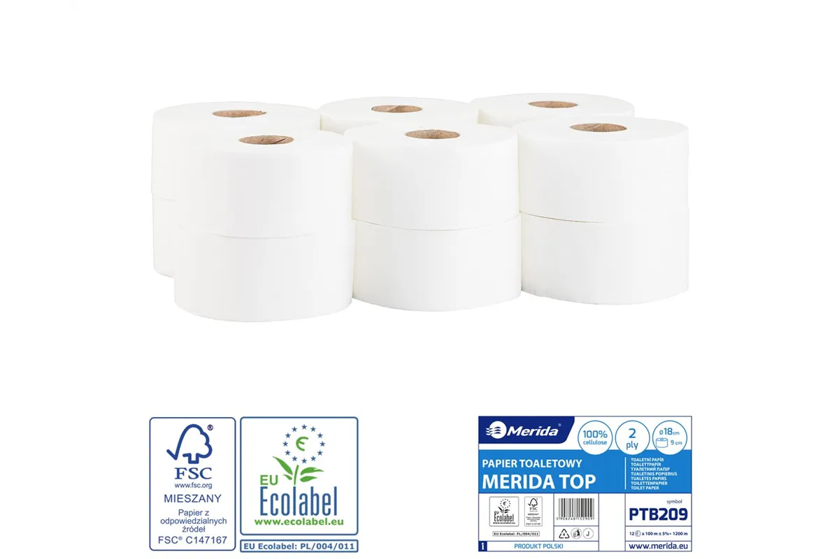 Papier toaletowy MERIDA TOP, biały, średnica 18 cm, długość 100 m, dwuwarstwowy, zgrzewka 12 szt., ECOLABEL