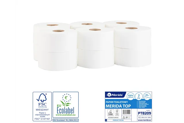 Papier toaletowy MERIDA TOP, biały, średnica 18 cm, długość 100 m, dwuwarstwowy, zgrzewka 12 szt., ECOLABEL