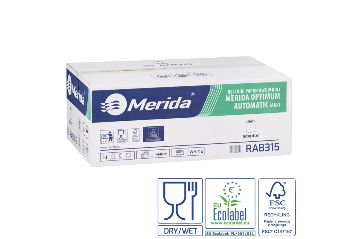 Ręczniki papierowe w roli z adaptorem MERIDA OPTIMUM AUTOMATIC MAXI, białe, średnica 19,5 cm, długość 240 m, dwuwarstwowe, karto