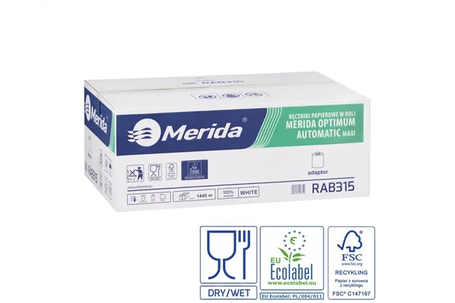 Ręczniki papierowe w roli z adaptorem MERIDA OPTIMUM AUTOMATIC MAXI, białe, średnica 19,5 cm, długość 240 m, dwuwarstwowe, karto
