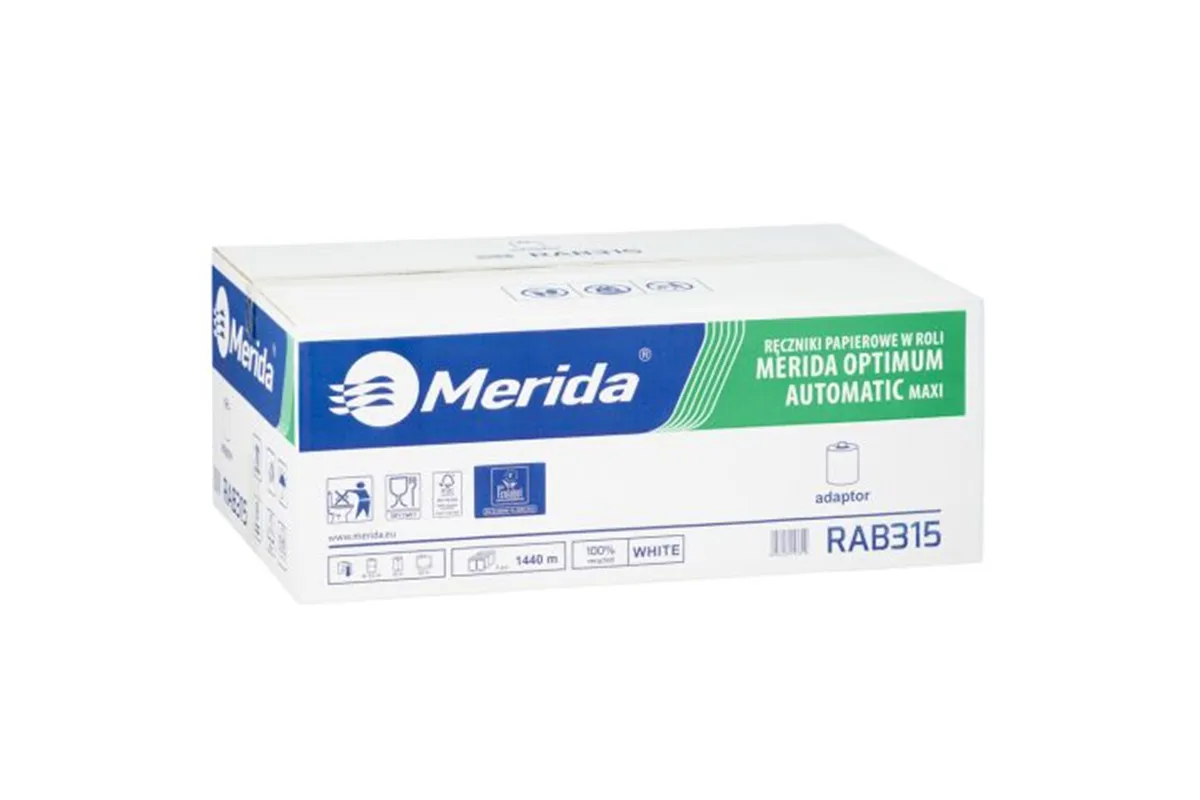 Ręczniki papierowe w roli z adaptorem MERIDA OPTIMUM AUTOMATIC MAXI, białe, średnica 19,5 cm, długość 240 m, dwuwarstwowe, karto