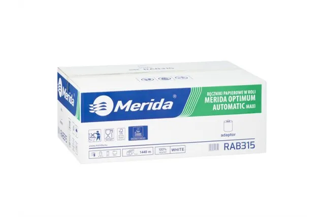 Ręczniki papierowe w roli z adaptorem MERIDA OPTIMUM AUTOMATIC MAXI, białe, średnica 19,5 cm, długość 240 m, dwuwarstwowe, karto