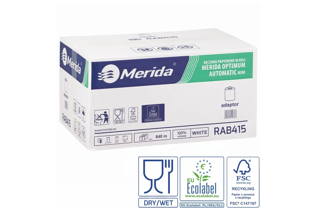 Ręczniki papierowe w roli z adaptorem MERIDA OPTIMUM AUTOMATIC MINI, białe, średnica 14,5 cm, długość 140 m, dwuwarstwowe, karto