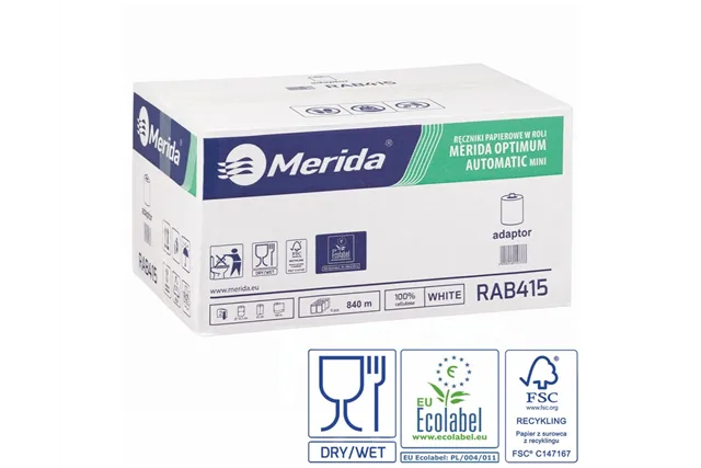 Ręczniki papierowe w roli z adaptorem MERIDA OPTIMUM AUTOMATIC MINI, białe, średnica 14,5 cm, długość 140 m, dwuwarstwowe, karto