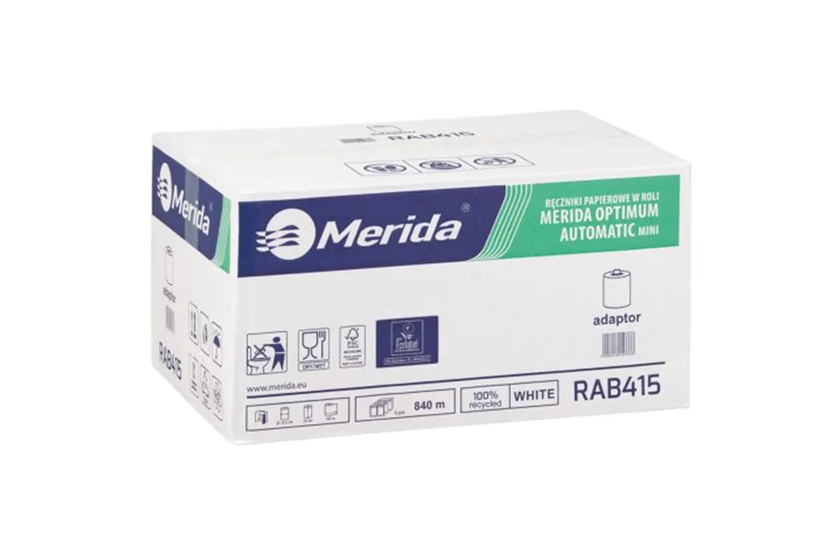 Ręczniki papierowe w roli z adaptorem MERIDA OPTIMUM AUTOMATIC MINI, białe, średnica 14,5 cm, długość 140 m, dwuwarstwowe, karto
