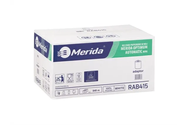 Ręczniki papierowe w roli z adaptorem MERIDA OPTIMUM AUTOMATIC MINI, białe, średnica 14,5 cm, długość 140 m, dwuwarstwowe, karto