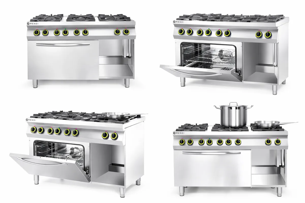 Kuchnia gazowa 6-palnikowa z piekarnikiem elektrycznym GN1/1 Kitchen Line 230V/3000W 28,5kW 1200x722x900mm Hendi 225899