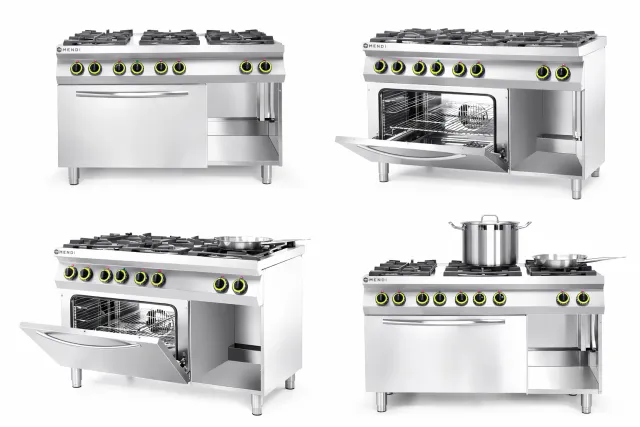 Kuchnia gazowa 6-palnikowa z piekarnikiem elektrycznym GN1/1 Kitchen Line 230V/3000W 28,5kW 1200x722x900mm Hendi 225899