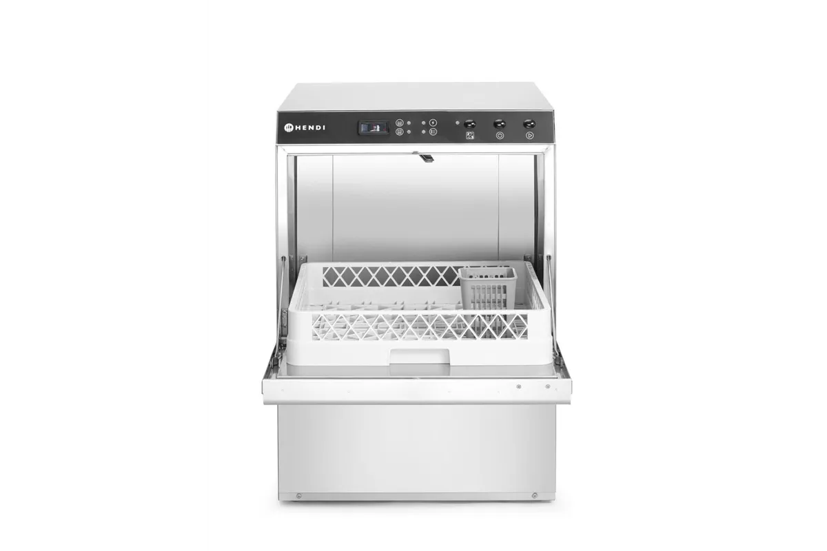 Zmywarka gastronomiczna podblatowa 50x50 Doppio z dozownikiem detergentu i pompą spustową 400V 4900W Hendi 237366