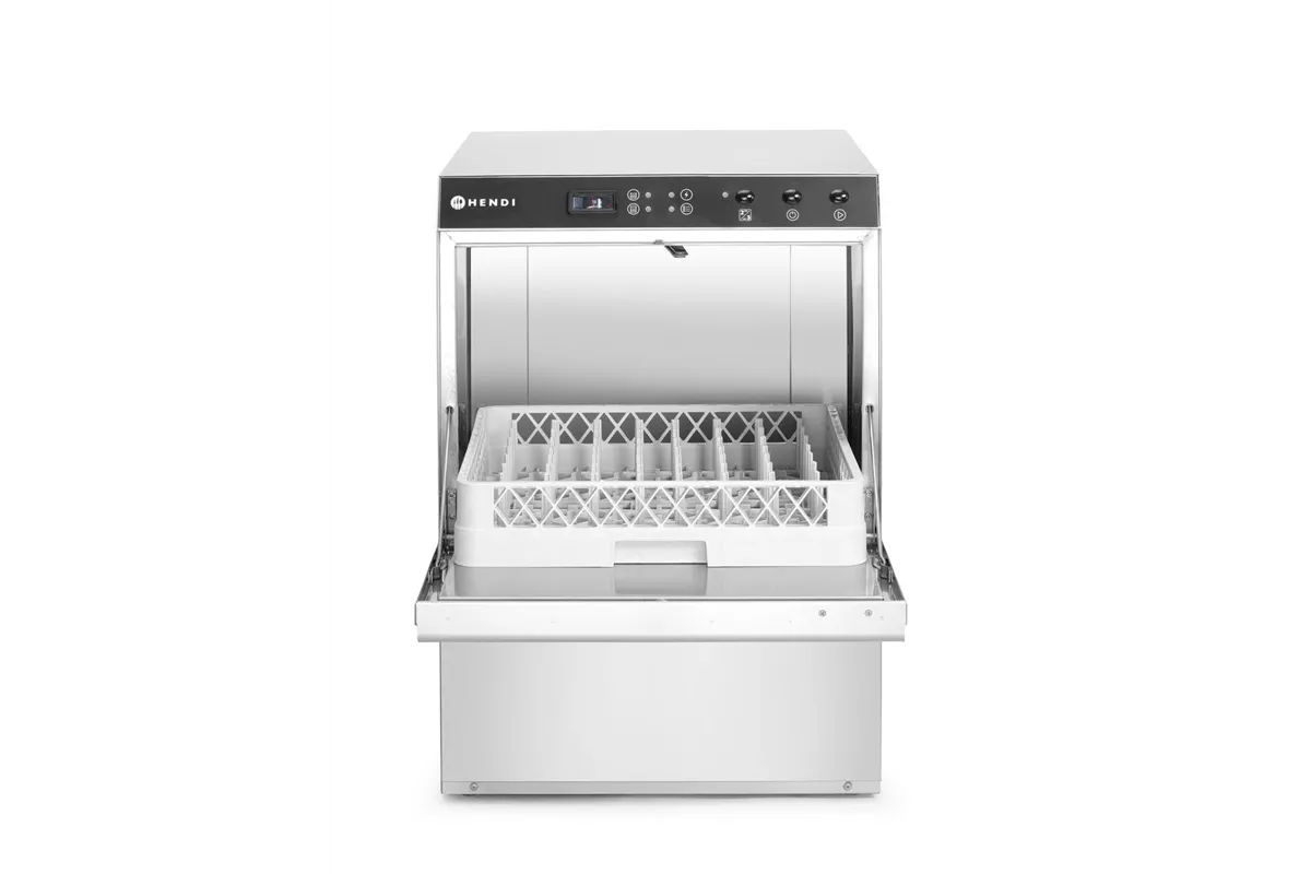 Zmywarka gastronomiczna podblatowa 50x50 Doppio z dozownikiem detergentu i pompą spustową 400V 4900W Hendi 237366