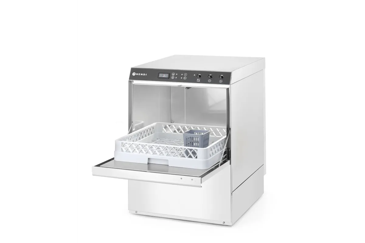 Zmywarka gastronomiczna podblatowa 50x50 Doppio z dozownikiem detergentu i pompą spustową 400V 4900W Hendi 237366