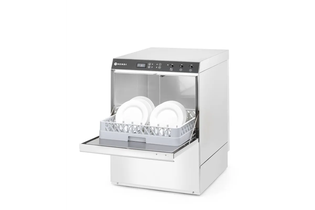 Zmywarka gastronomiczna podblatowa 50x50 Doppio z dozownikiem detergentu i pompą spustową 400V 4900W Hendi 237366