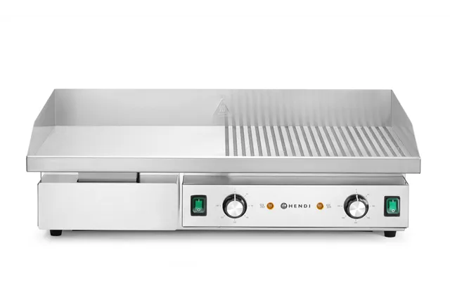 Płyta grillowa w połowie żebrowana, Budget Line, 1/2 gładka, 1/2 ryflowana, 400V/4400W, 720x460x241mm HENDI 154991