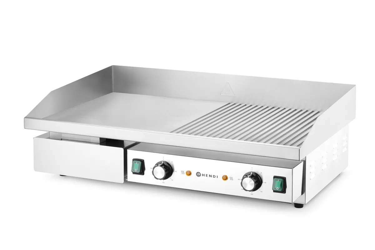 Płyta grillowa w połowie żebrowana, Budget Line, 1/2 gładka, 1/2 ryflowana, 400V/4400W, 720x460x241mm HENDI 154991