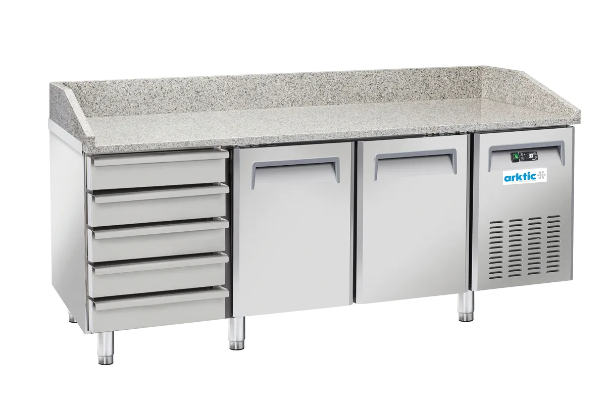Stół chłodniczy do pizzy 2-drzwiowy z 5 szufladami blat granitowy 362, srebrny, 220-240V/210W, 2025x800x1040mm Arktic 236802
