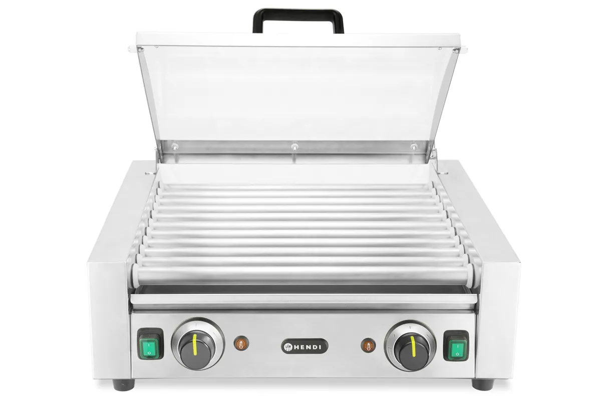 Podgrzewacz rolkowy do parówek dwustrefowy, z pokrywą, 11 rolek, 220-240V/980W, 566x527x259mm HENDI 268650