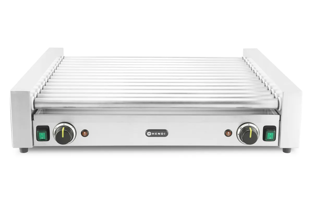 Podgrzewacz rolkowy do parówek XL - dwustrefowy, 14 rolek, srebrny, 220-240V/2000W, 732x590x168mm, Prostokątny HENDI 268674