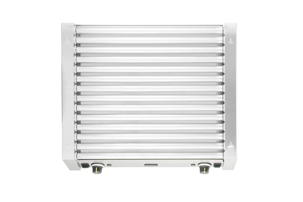 Podgrzewacz rolkowy do parówek XL - dwustrefowy, 14 rolek, srebrny, 220-240V/2000W, 732x590x168mm, Prostokątny HENDI 268674
