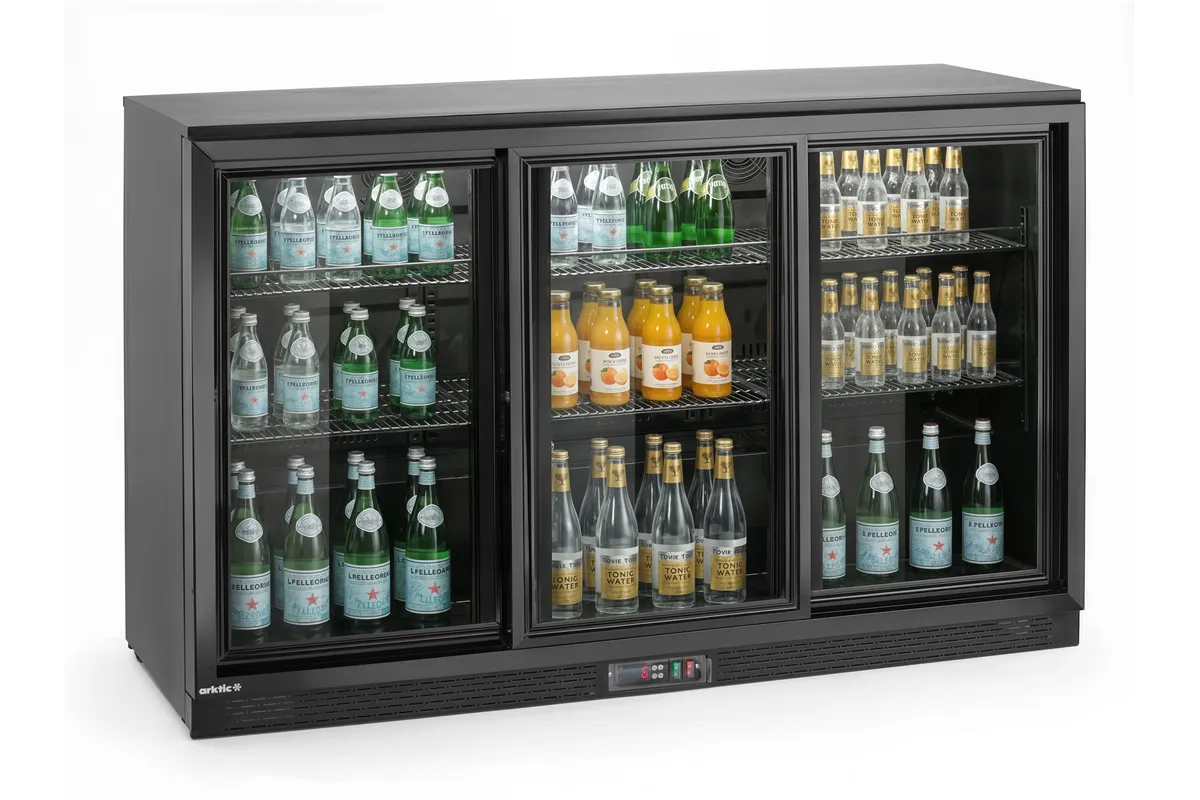 Lodówka barowa z potrójnymi drzwiami suwanymi, 308L, czarny, 220-240V/160W, 1350x520x865mm Arktic 236901