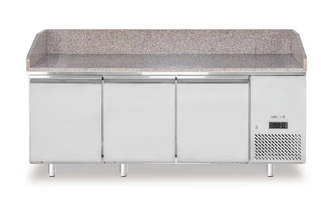 Stół chłodniczy do pizzy, 3-drzwiowy, z granitowym blatem, 375L, granitowy, 230V/400W, 2010x800x875mm Arktic 220252