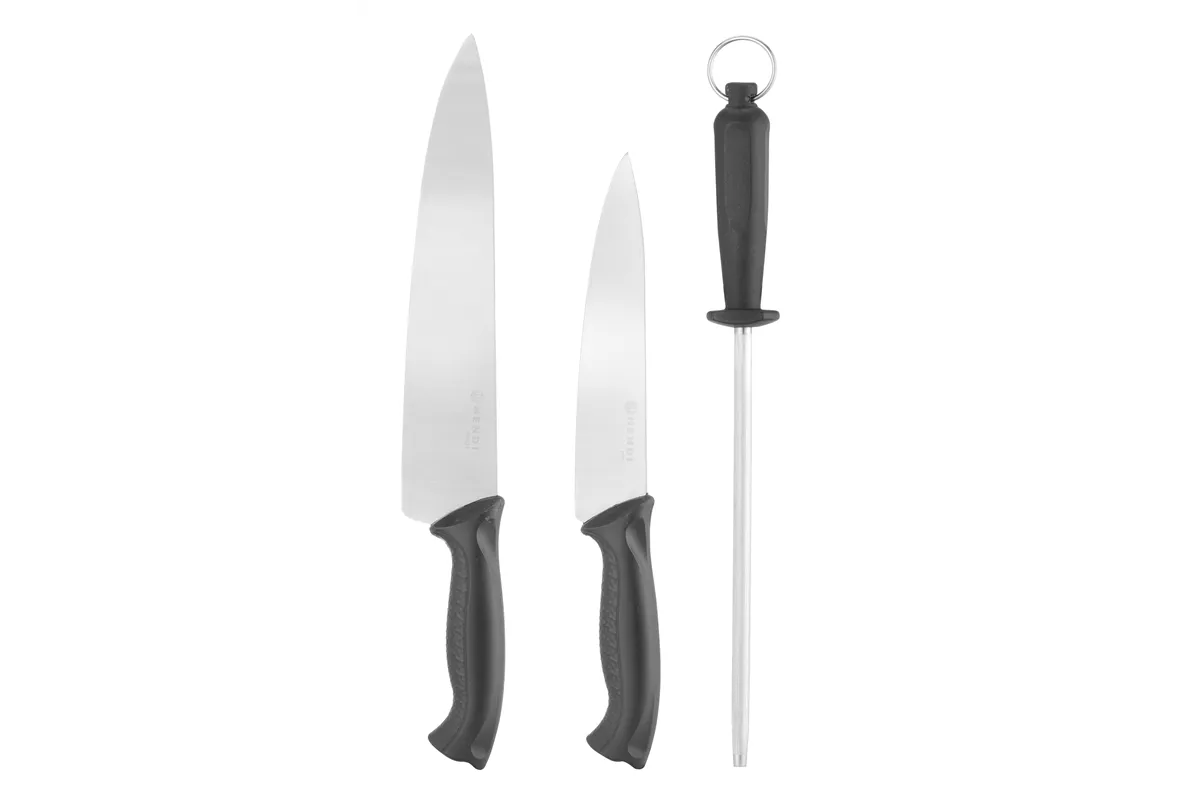 Zestaw noży z ostrzałką, czarny, 380mm HENDI 842683