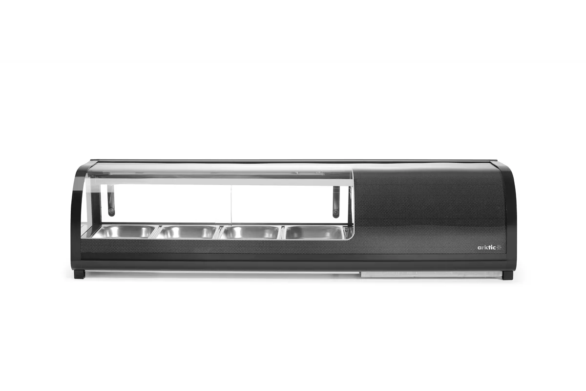 Witryna chłodnicza do sushi, W zestawie pojemniki: 4xGN1/3 40 mm, czarny, 220-240V/190W, 1177x426x296mm Arktic 274071