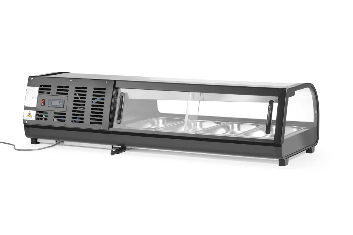 Witryna chłodnicza do sushi, W zestawie pojemniki: 4xGN1/3 40 mm, czarny, 220-240V/190W, 1177x426x296mm Arktic 274071