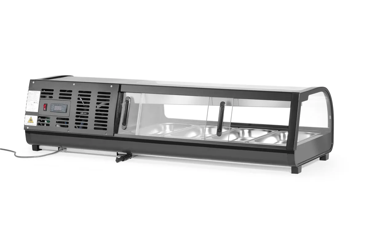 Witryna chłodnicza do sushi, W zestawie pojemniki: 4xGN1/3 40 mm, czarny, 220-240V/190W, 1177x426x296mm Arktic 274071