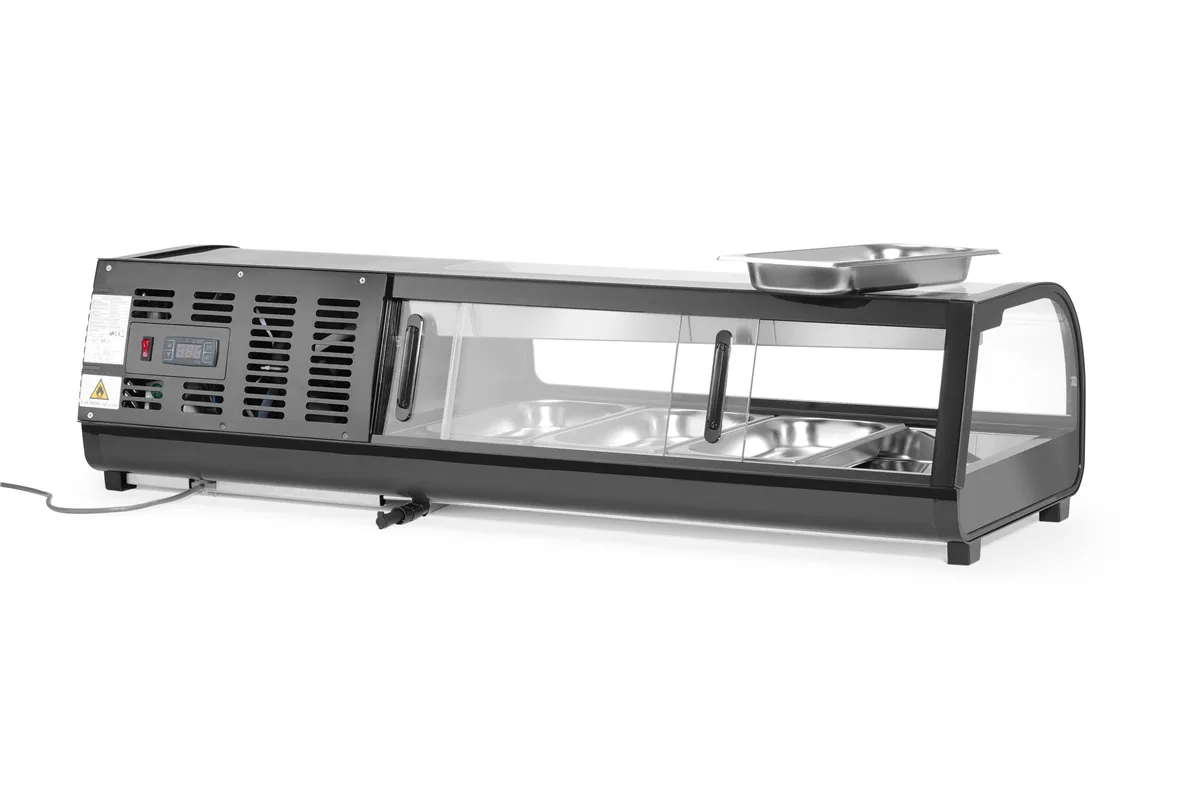Witryna chłodnicza do sushi, W zestawie pojemniki: 4xGN1/3 40 mm, czarny, 220-240V/190W, 1177x426x296mm Arktic 274071