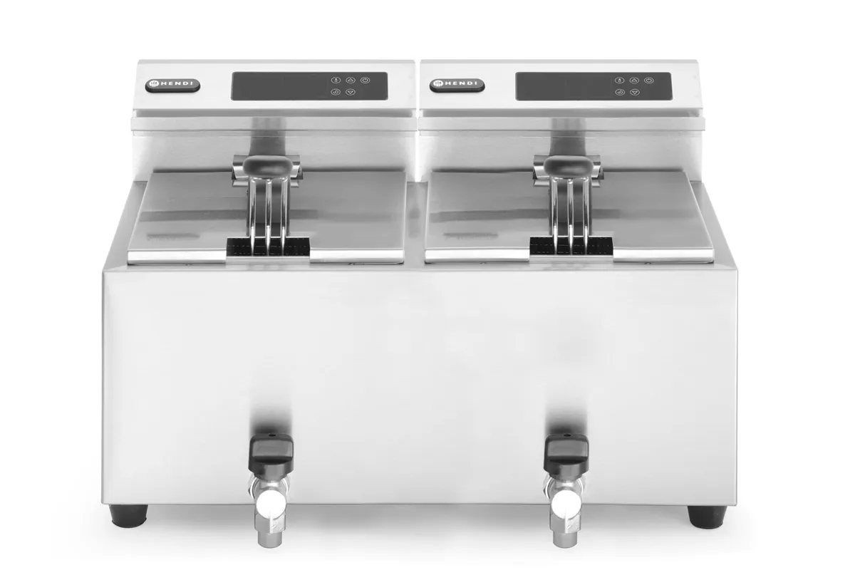 Frytownica z panelem cyfrowym z kranem spustowym 2×8 l, Profi Line, 16L, 230V/7000W, 605x515x350mm HENDI 207376