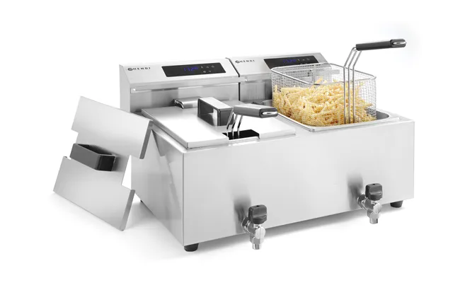 Frytownica z panelem cyfrowym z kranem spustowym 2×8 l, Profi Line, 16L, 230V/7000W, 605x515x350mm HENDI 207376