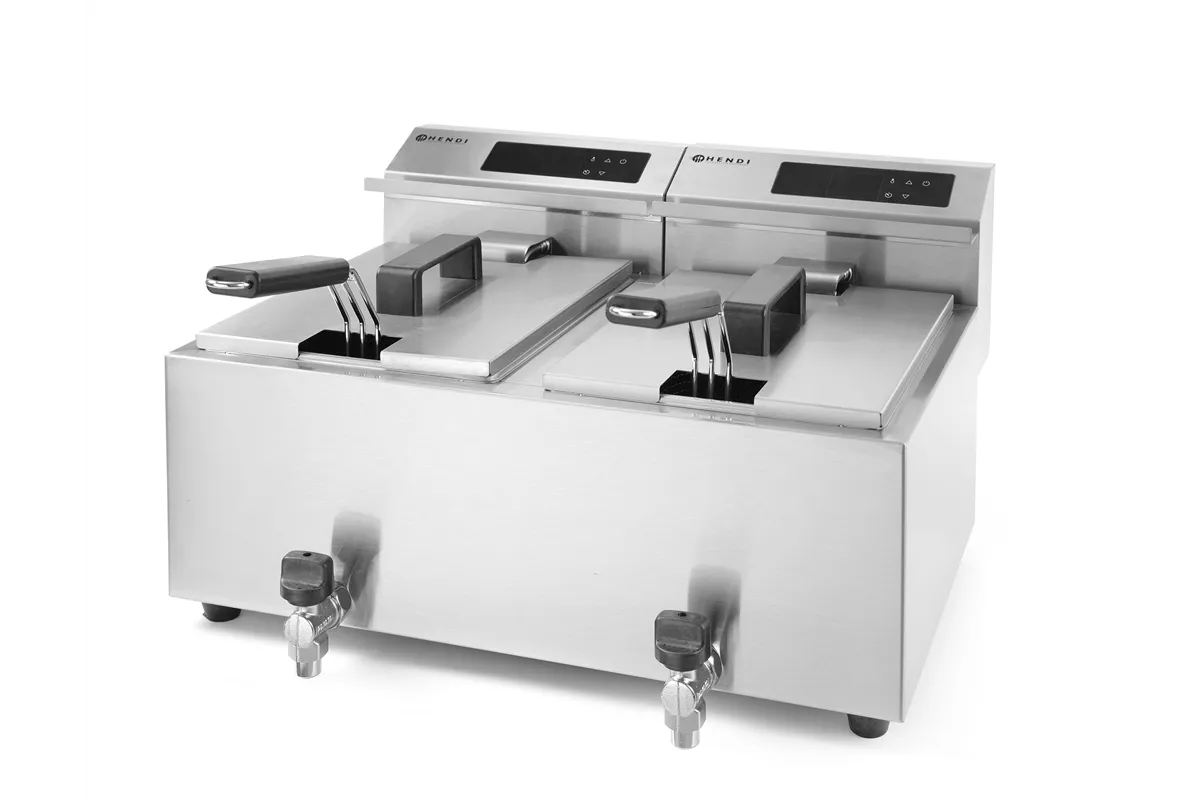 Frytownica z panelem cyfrowym z kranem spustowym 2×8 l, Profi Line, 16L, 230V/7000W, 605x515x350mm HENDI 207376
