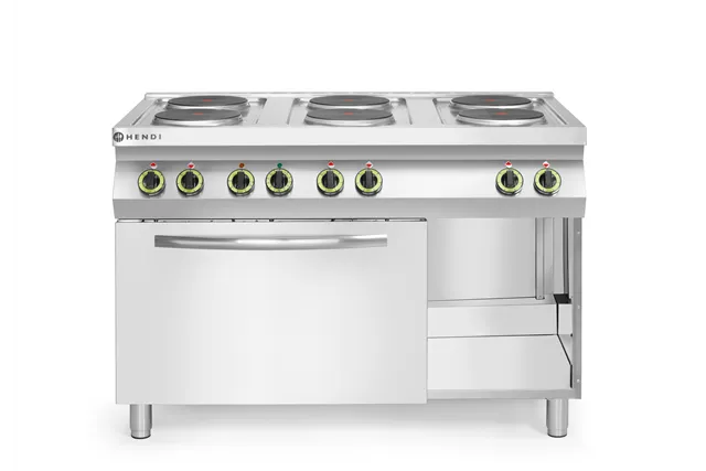 Kuchnia elektryczna 6-płytowa z konwekcyjnym piekarnikiem elektrycznym GN 1/1 Kitchen Line 400V/18600W 1200x700x900 HENDI 226247