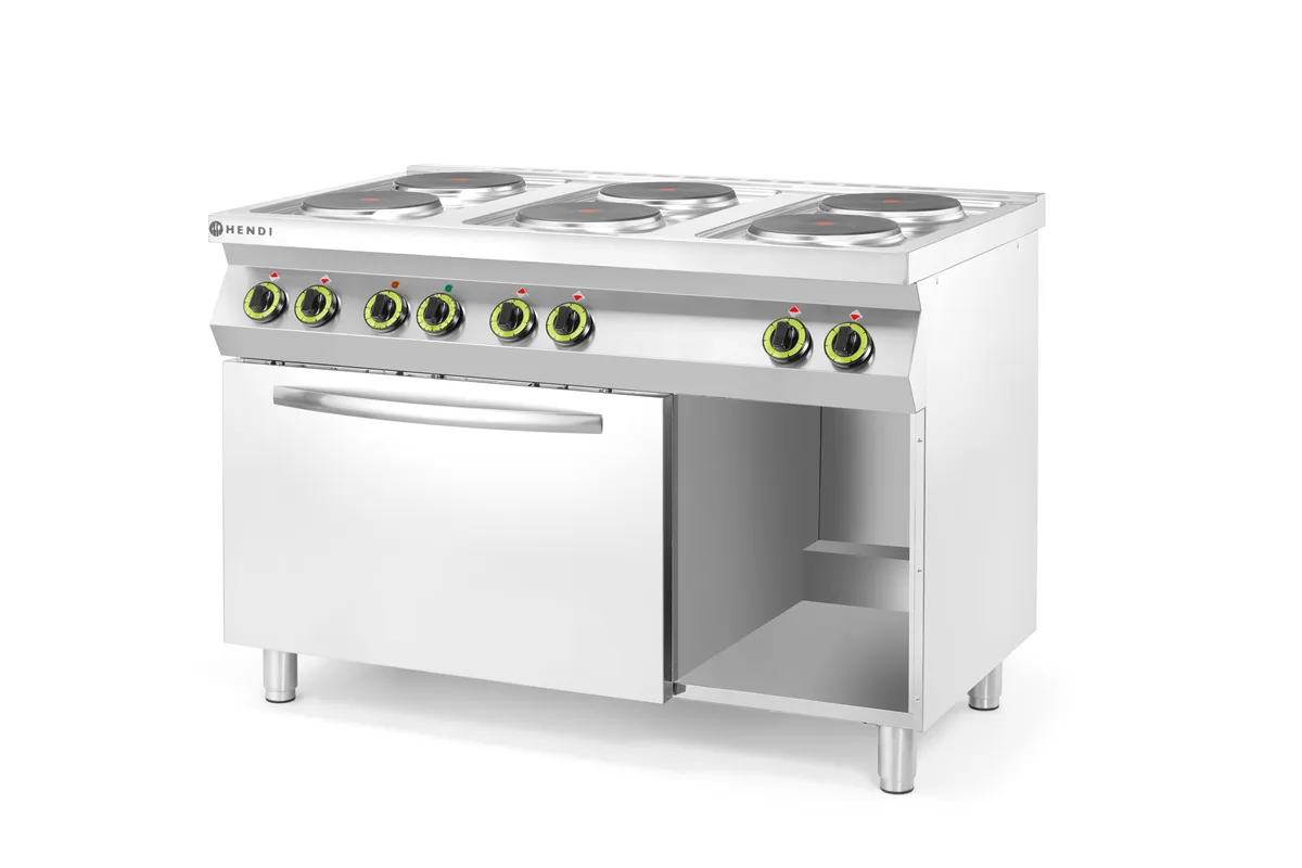 Kuchnia elektryczna 6-płytowa z konwekcyjnym piekarnikiem elektrycznym GN 1/1 Kitchen Line 400V/18600W 1200x700x900 HENDI 226247