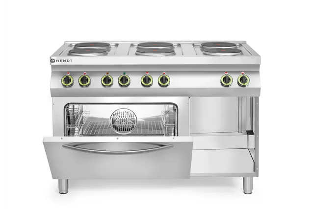 Kuchnia elektryczna 6-płytowa z konwekcyjnym piekarnikiem elektrycznym GN 1/1 Kitchen Line 400V/18600W 1200x700x900 HENDI 226247