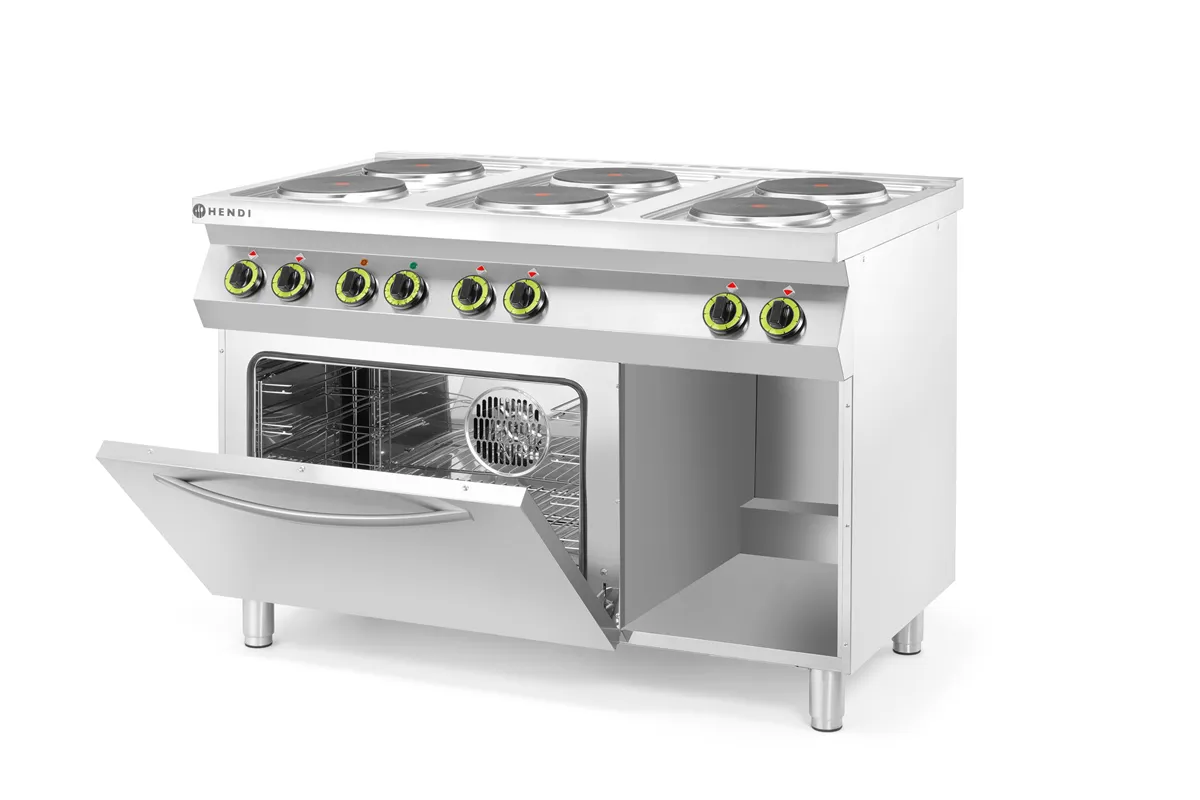 Kuchnia elektryczna 6-płytowa z konwekcyjnym piekarnikiem elektrycznym GN 1/1 Kitchen Line 400V/18600W 1200x700x900 HENDI 226247