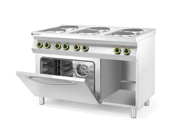 Kuchnia elektryczna 6-płytowa z konwekcyjnym piekarnikiem elektrycznym GN 1/1 Kitchen Line 400V/18600W 1200x700x900 HENDI 226247