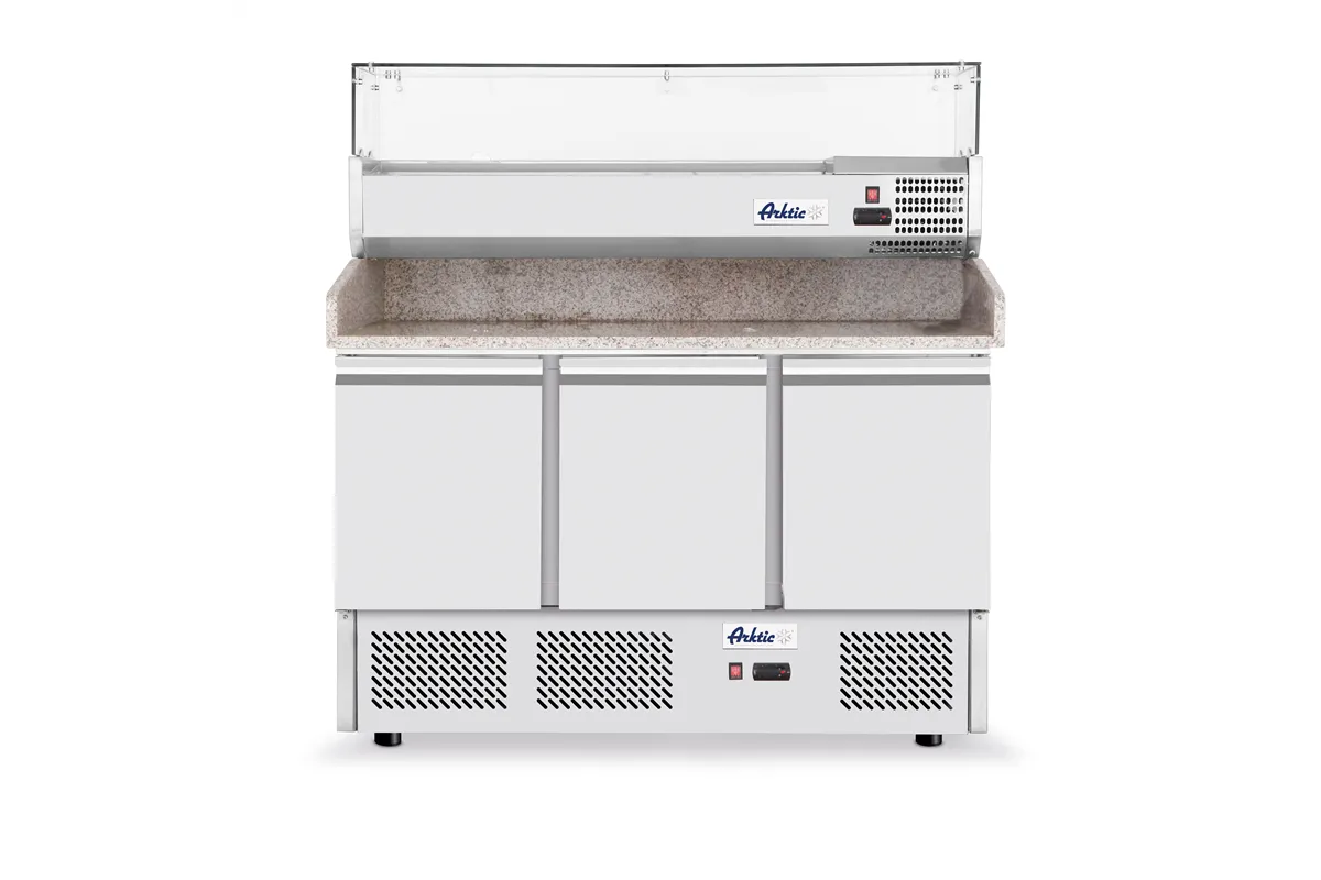 Stół chłodniczy do pizzy 3-drzwiowy z nadstawą i blatem granitowym, 254L, 230V/400W, 1400x700x1491mm Arktic 232033