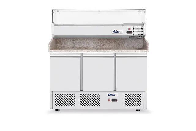 Stół chłodniczy do pizzy 3-drzwiowy z nadstawą i blatem granitowym, 254L, 230V/400W, 1400x700x1491mm Arktic 232033