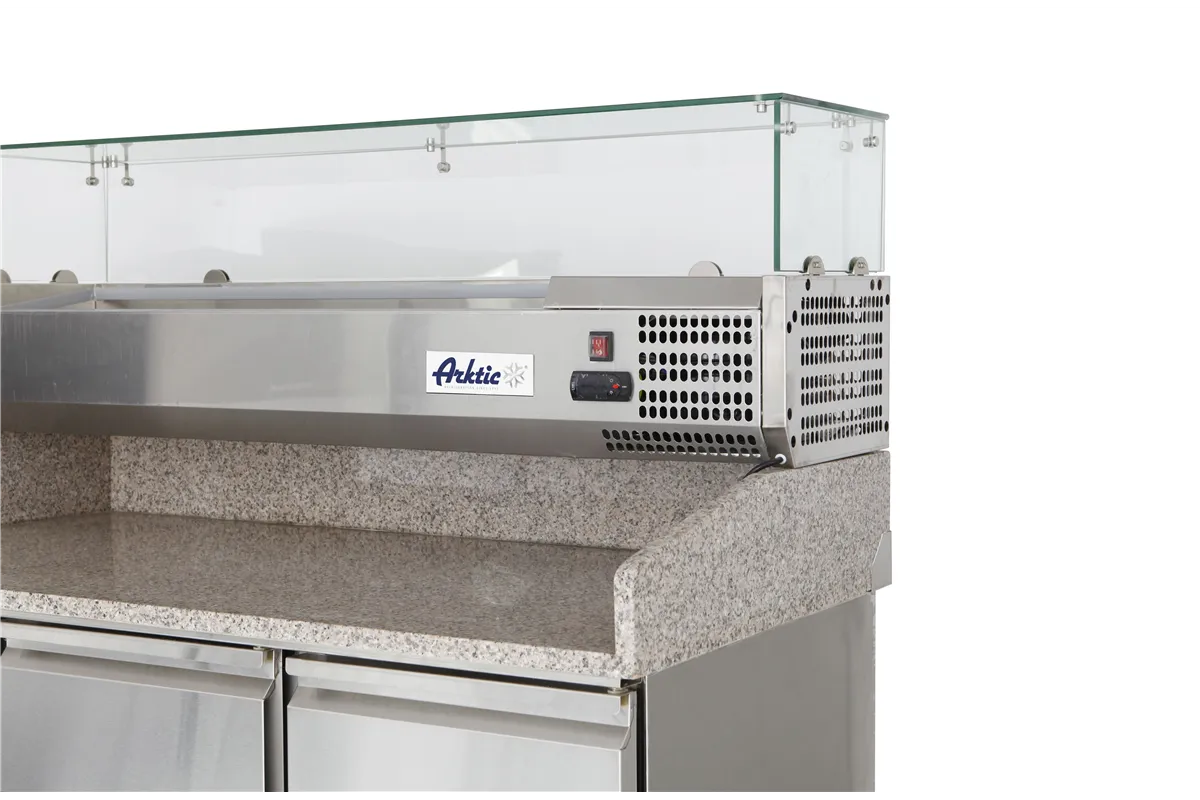 Stół chłodniczy do pizzy 3-drzwiowy z nadstawą i blatem granitowym, 254L, 230V/400W, 1400x700x1491mm Arktic 232033