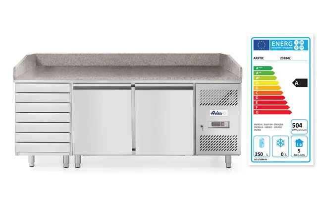 Stół chłodniczy do pizzy 2-drzwiowy z 7 szufladami i blatem granitowym, 250L, 230V/250W, 2020x802x1000mm Arktic 232842