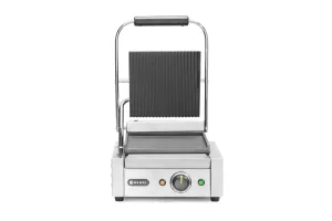 Grill kontaktowy pojedynczy, góra ryflowana , dół gładki, 230V/1800W, 310x375x216mm HENDI 263600