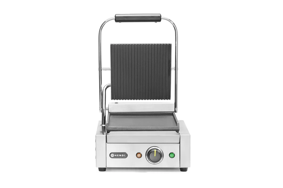 Grill kontaktowy pojedynczy, góra ryflowana , dół gładki, 230V/1800W, 310x375x216mm HENDI 263600