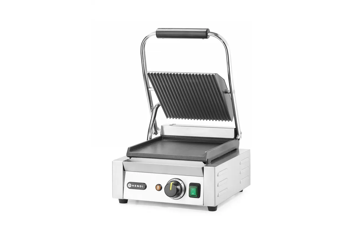 Grill kontaktowy pojedynczy, góra ryflowana , dół gładki, 230V/1800W, 310x375x216mm HENDI 263600