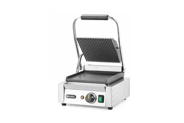 Grill kontaktowy pojedynczy, góra ryflowana , dół gładki, 230V/1800W, 310x375x216mm HENDI 263600