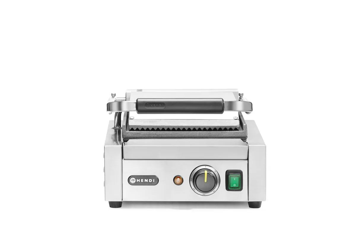 Grill kontaktowy pojedynczy, góra ryflowana , dół gładki, 230V/1800W, 310x375x216mm HENDI 263600