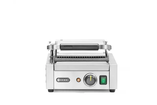 Grill kontaktowy pojedynczy, góra ryflowana , dół gładki, 230V/1800W, 310x375x216mm HENDI 263600